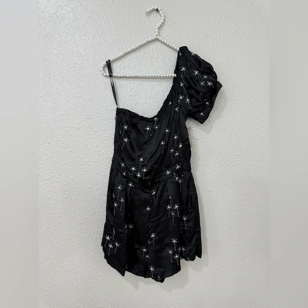 FREE PEOPLE BLACK SEQUIN EMBELLISHED ONE SHOULDER GEMINI PARTY ROMPER SHORTS S